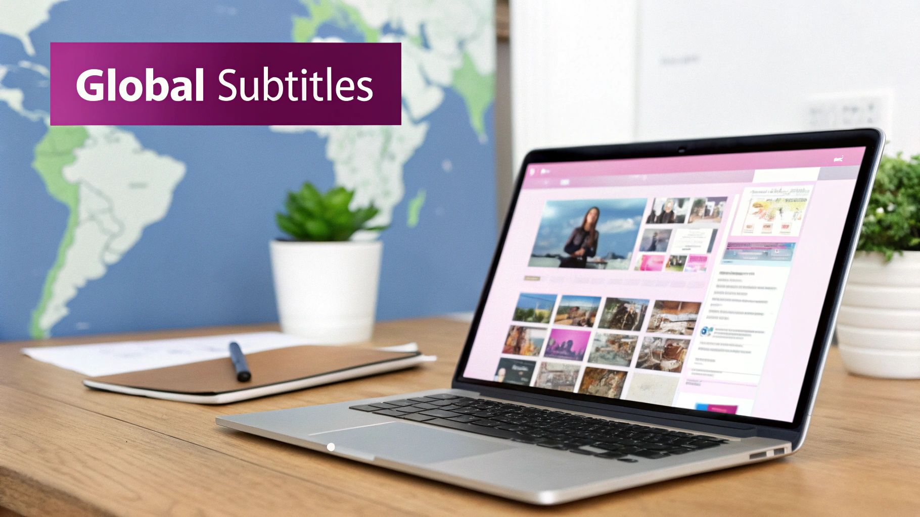 Laptop on a wooden desk displaying a video and images, with 'Global Subtitles' text and a world map.