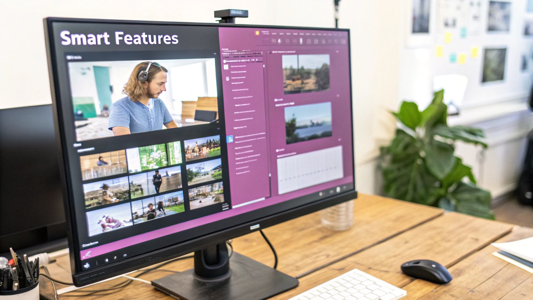A person with headphones working on a computer screen displaying 'Smart Features' and video content.