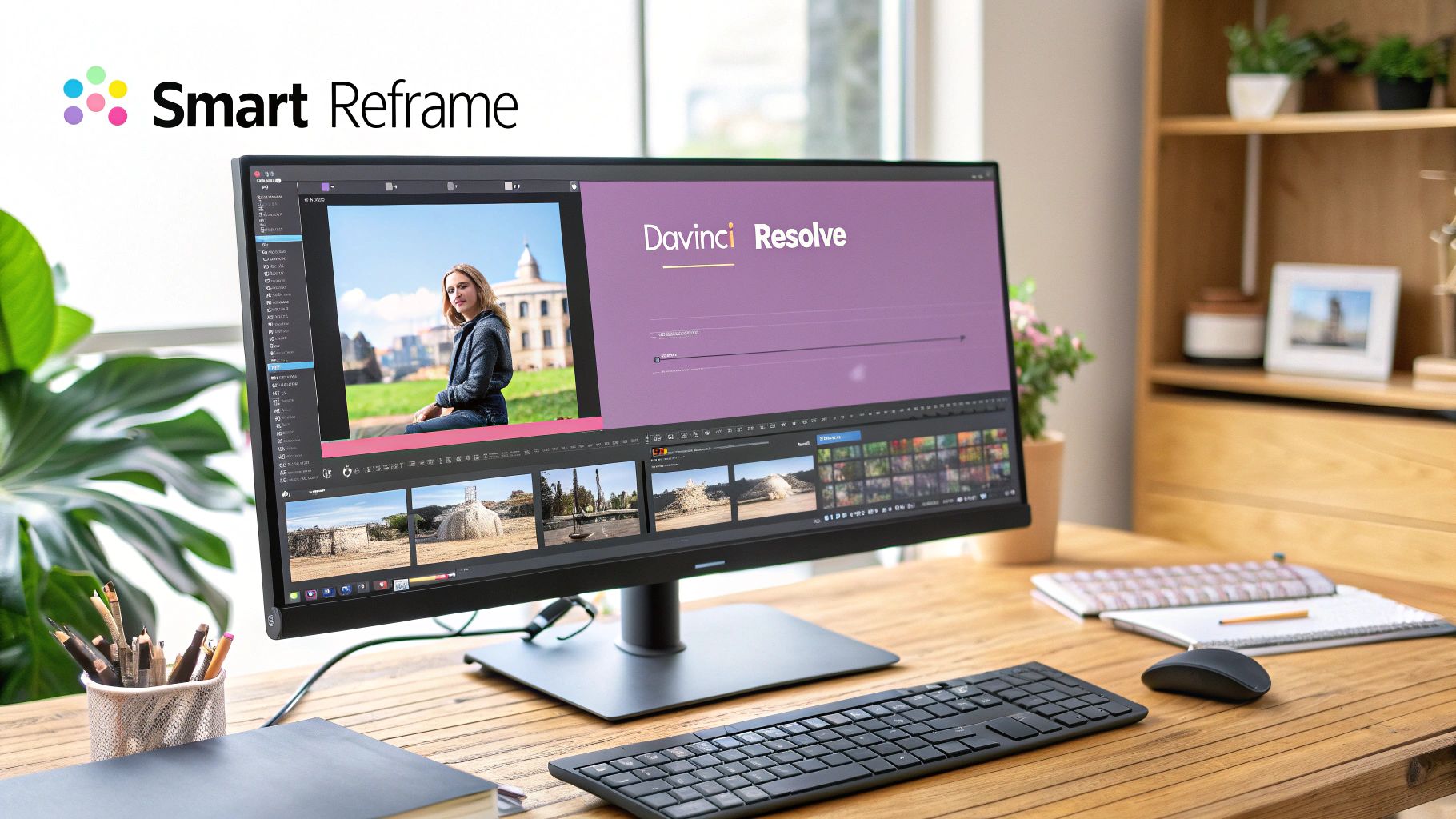 A person editing a video on a computer monitor with "Davinci Resolve" and "Smart Reframe" visible.