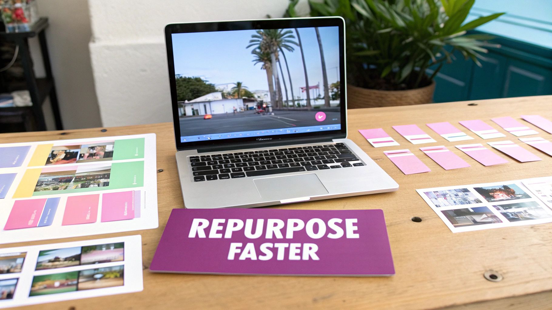 A laptop displays video content on a wooden desk with pink design cards and a 'REPURPOSE FASTER' sign.