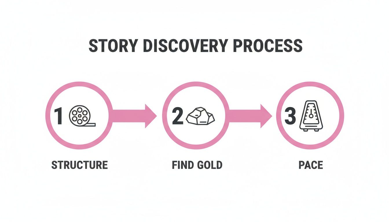 A diagram illustrating the three-step Story Discovery Process: Structure, Find Gold, and Pace.