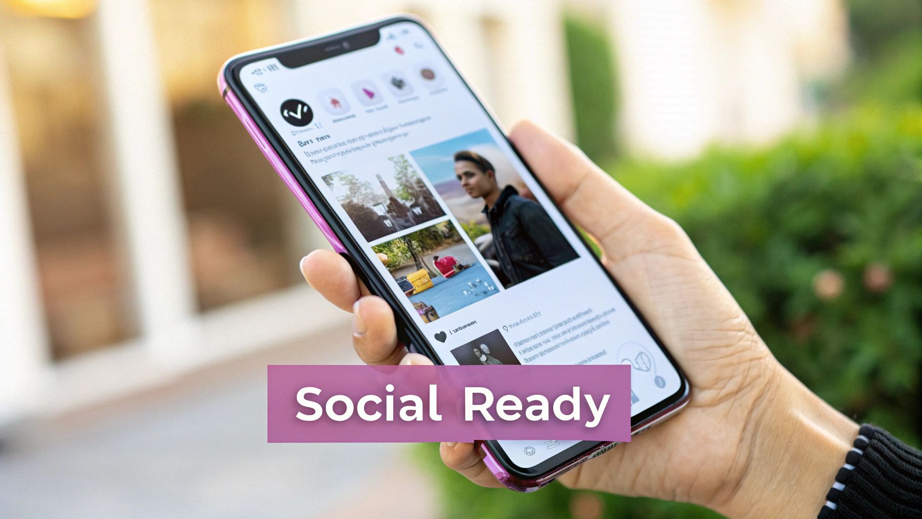 A person's hand holds a smartphone displaying a social media feed with various photos and text, with a 'Social Ready' overlay.