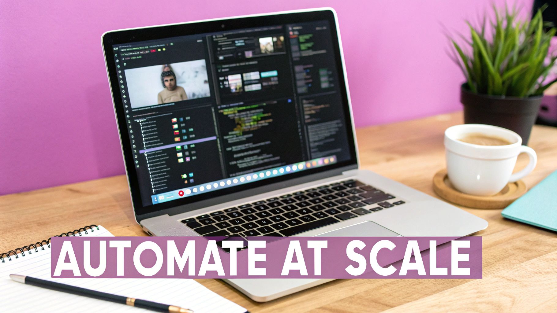 A laptop on a wooden desk displaying code and a video, next to a coffee cup and a plant.
