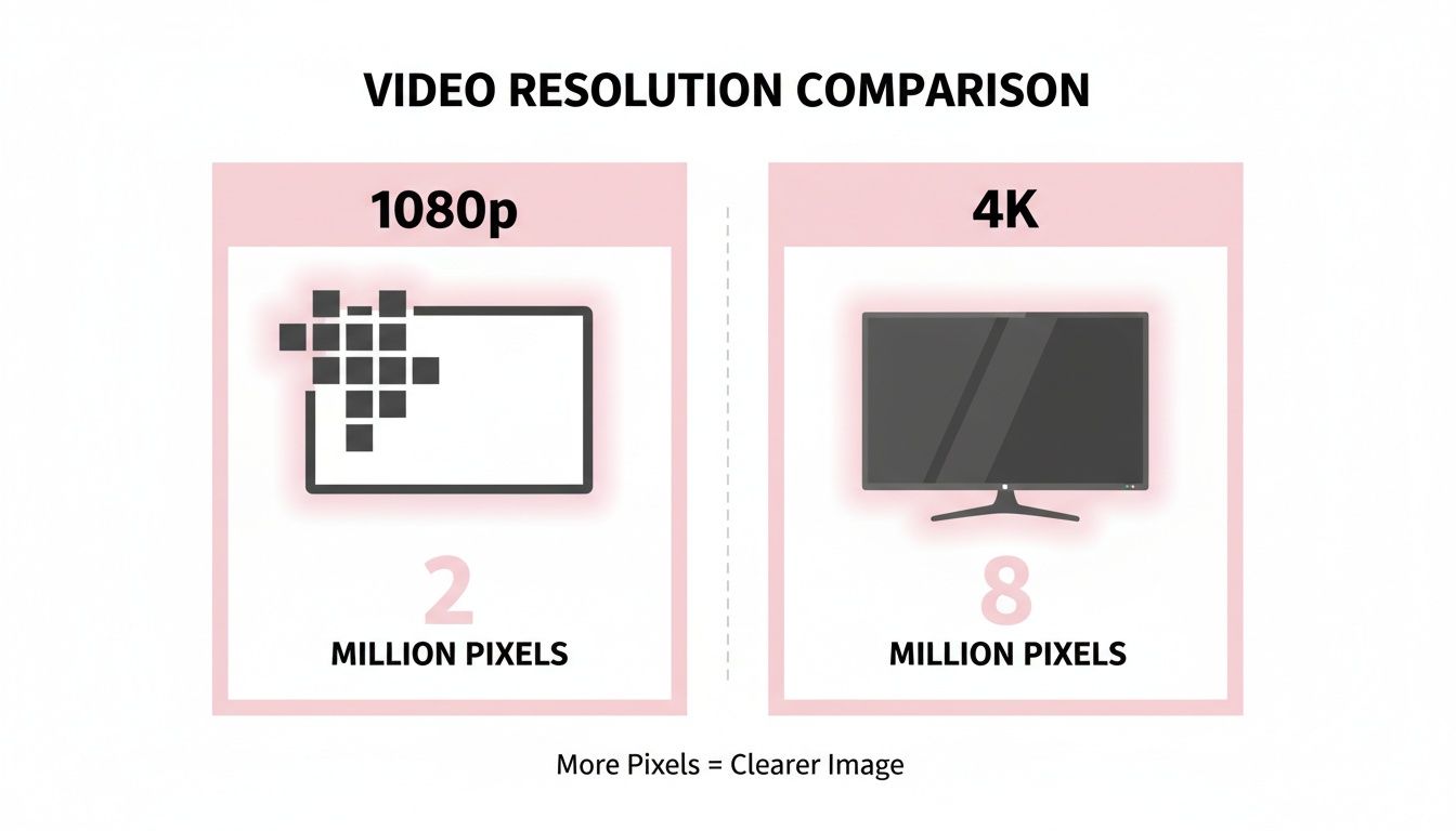 Infographic comparing 1080p (2 million pixels) and 4K (8 million pixels) video resolutions, highlighting higher pixel count for a clearer image.