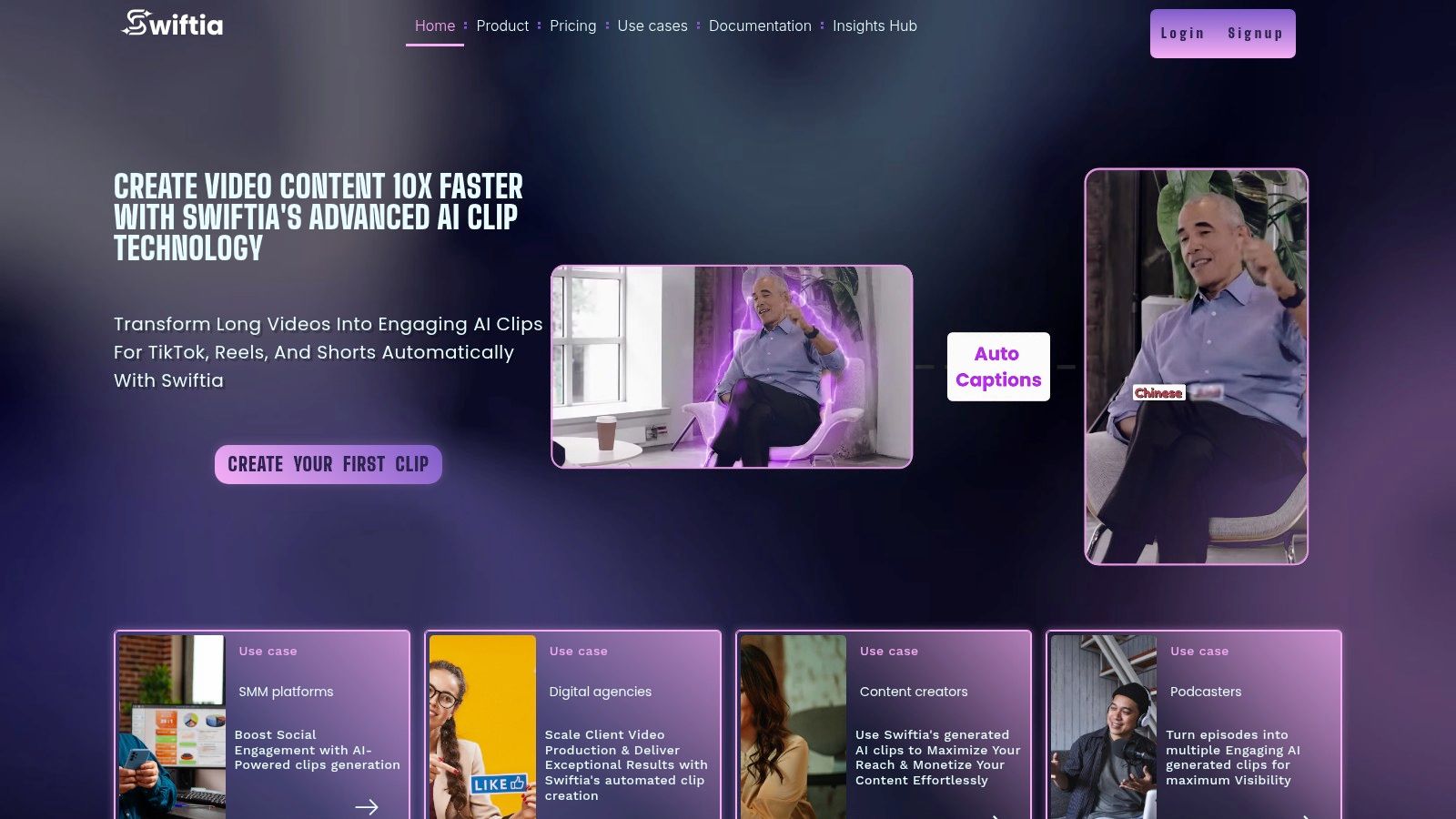 Swiftia's interface showing its AI-powered video clipping features