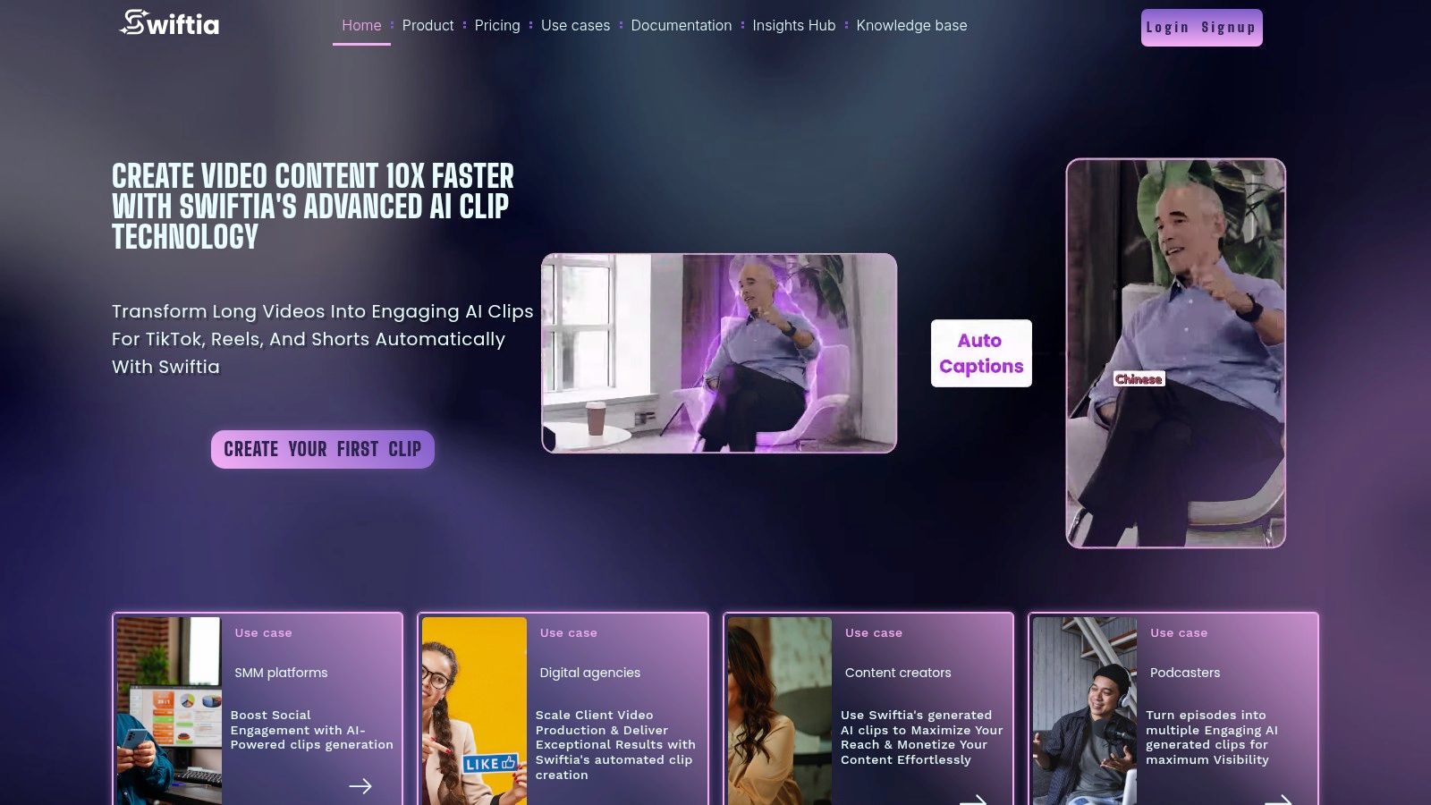 An AI-powered video clipping tool showing dynamic captions and editing features.