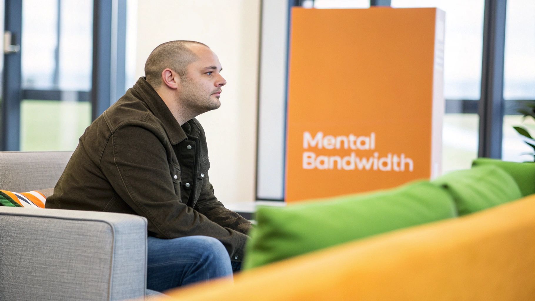 A man in a brown jacket sits on a grey sofa, looking thoughtfully towards an orange sign.
