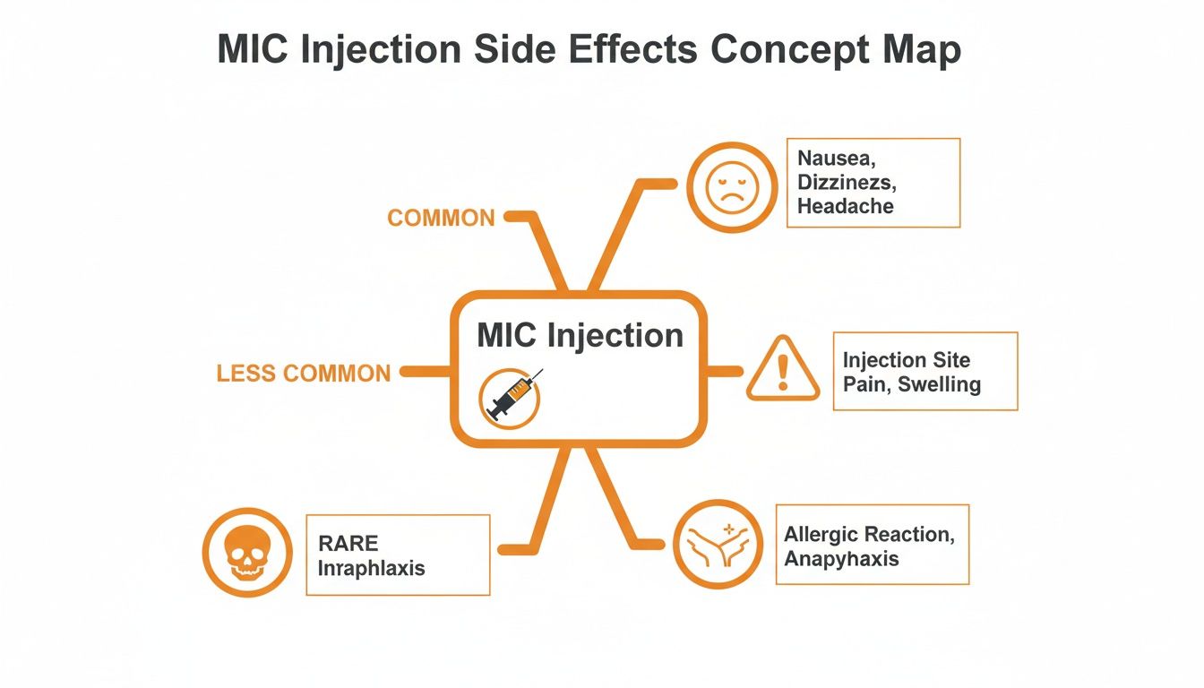 Concept map illustrating common, less common, and rare side effects of MIC injections.