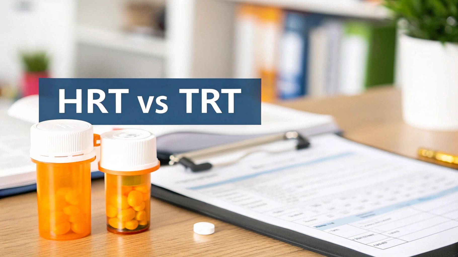 HRT versus TRT comparison with prescription medication bottles and medical clipboard on desk