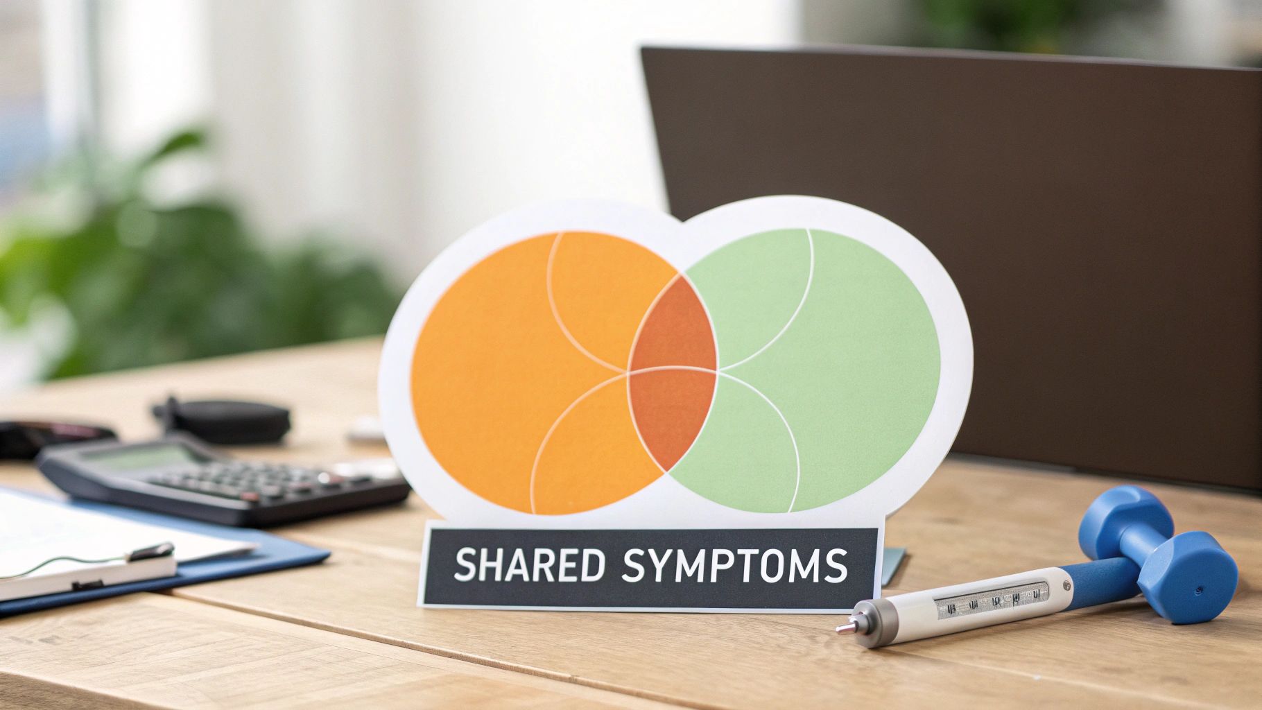 Venn diagram titled 'SHARED SYMPTOMS' on a desk with a medical pen, dumbbell, and calculator.