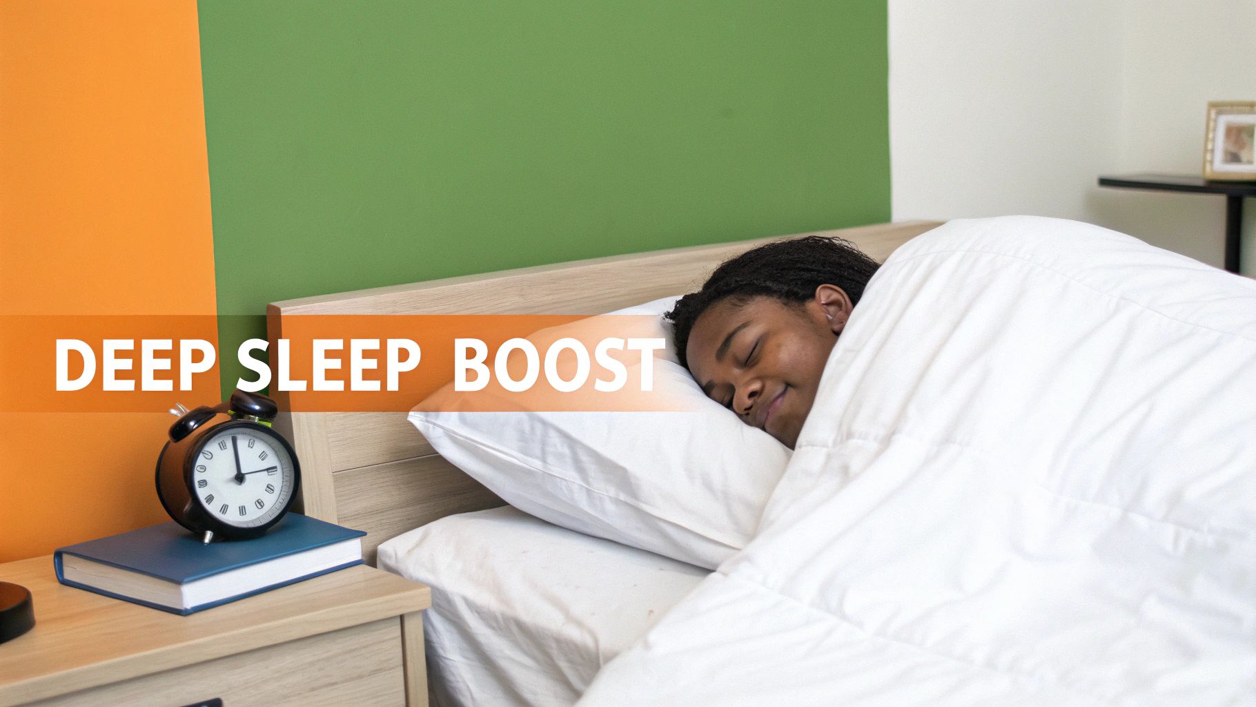 Woman sleeping peacefully in a dark room, symbolizing deep restorative sleep