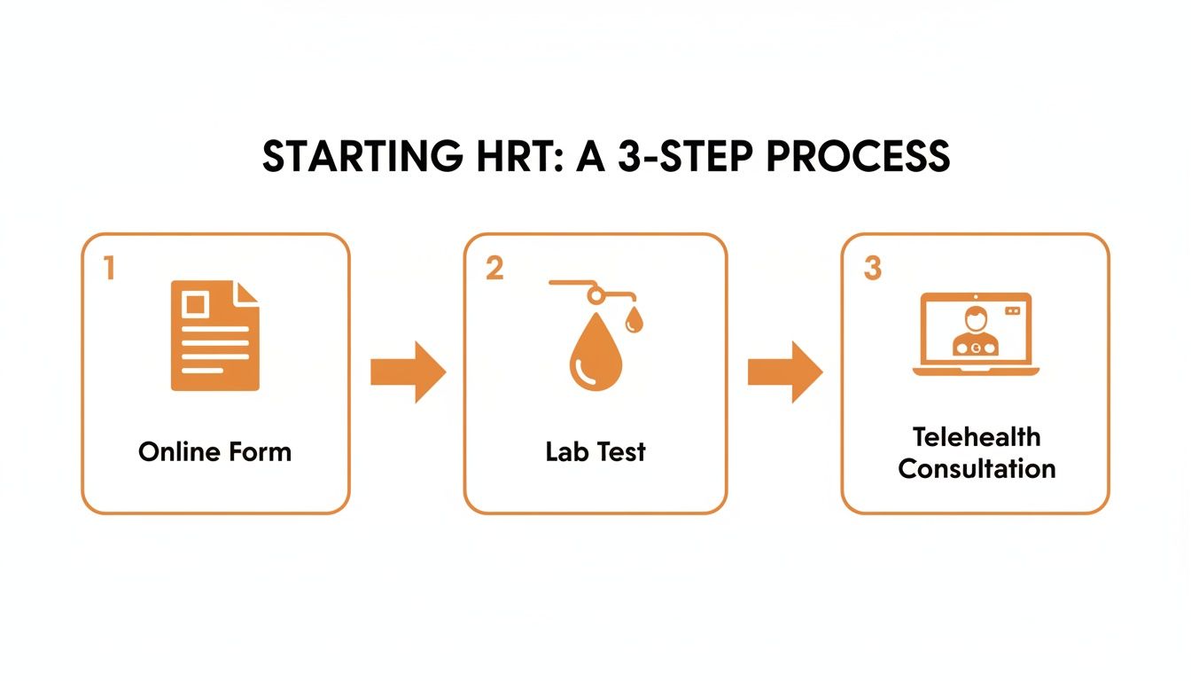 A 3-step process for starting HRT: Online Form, Lab Test, and Telehealth Consultation.