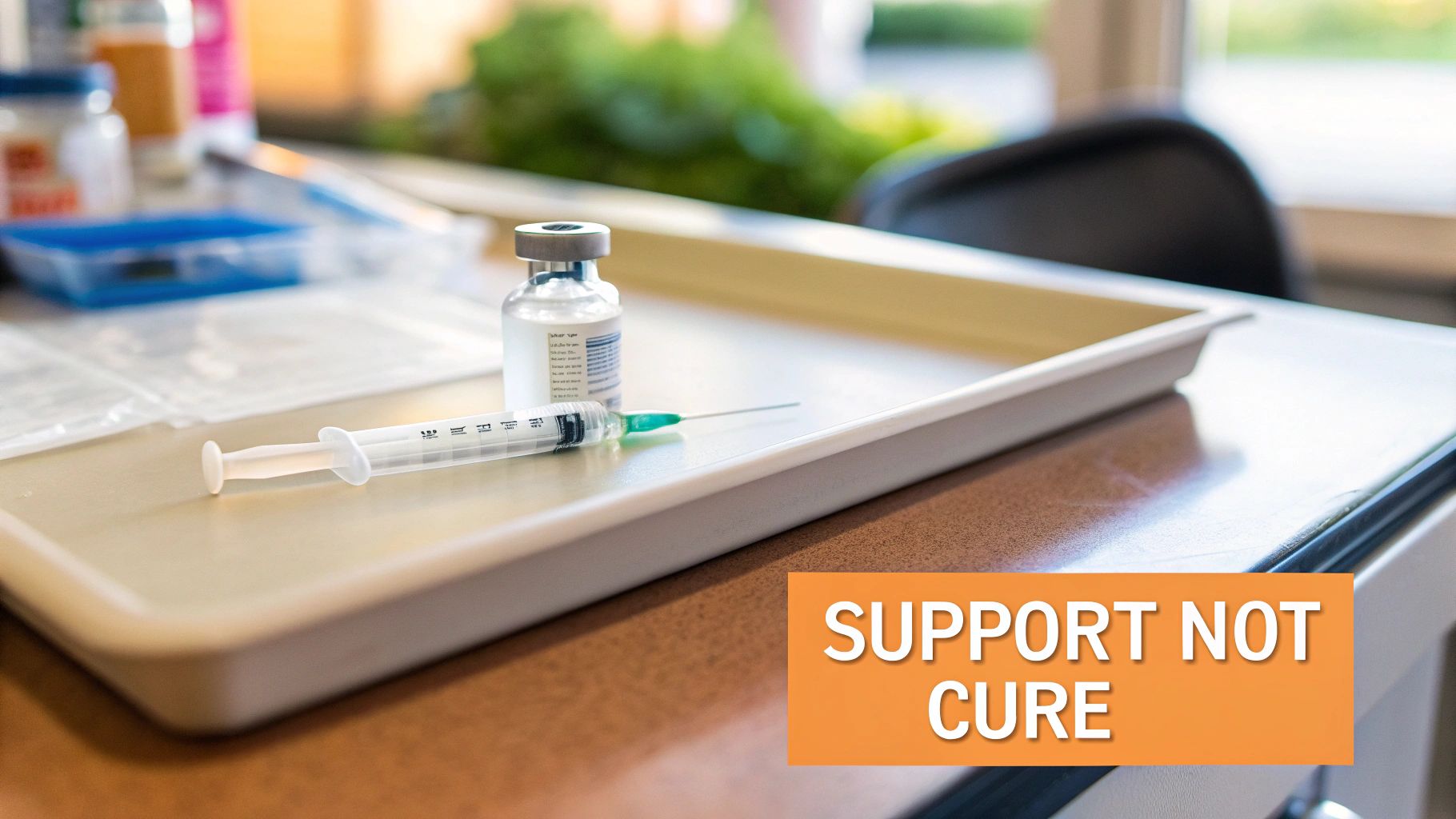 A person holding a syringe with a vitamin B12 shot, with a measuring tape and fresh fruits in the background