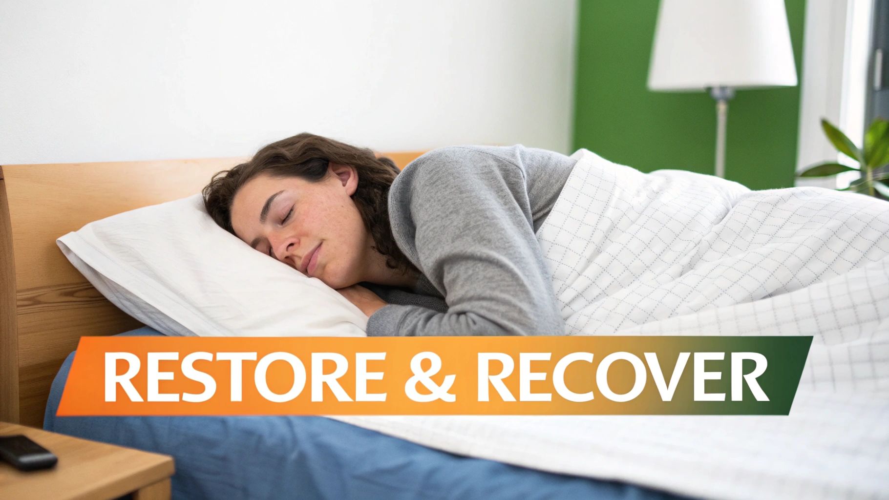 Woman sleeping peacefully in bed with white pillow promoting rest and recovery for better health