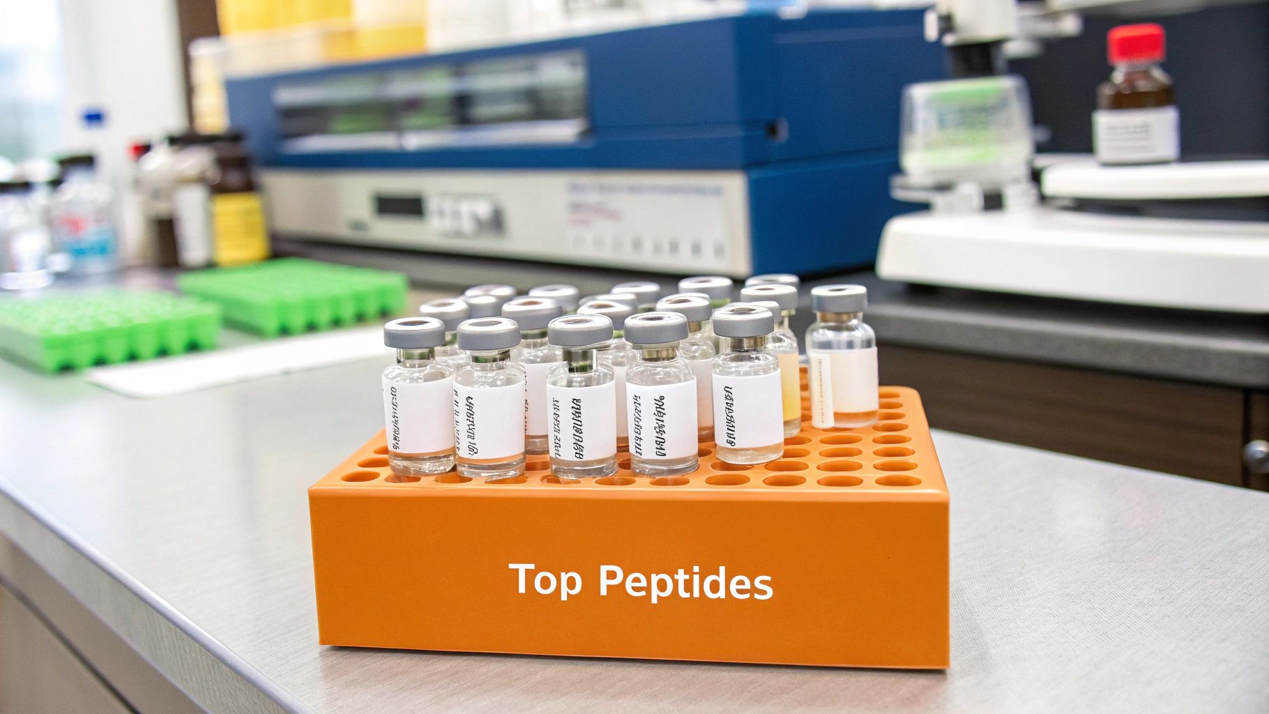 A close-up of different vials containing peptides, with clear labels and a modern, clinical background.