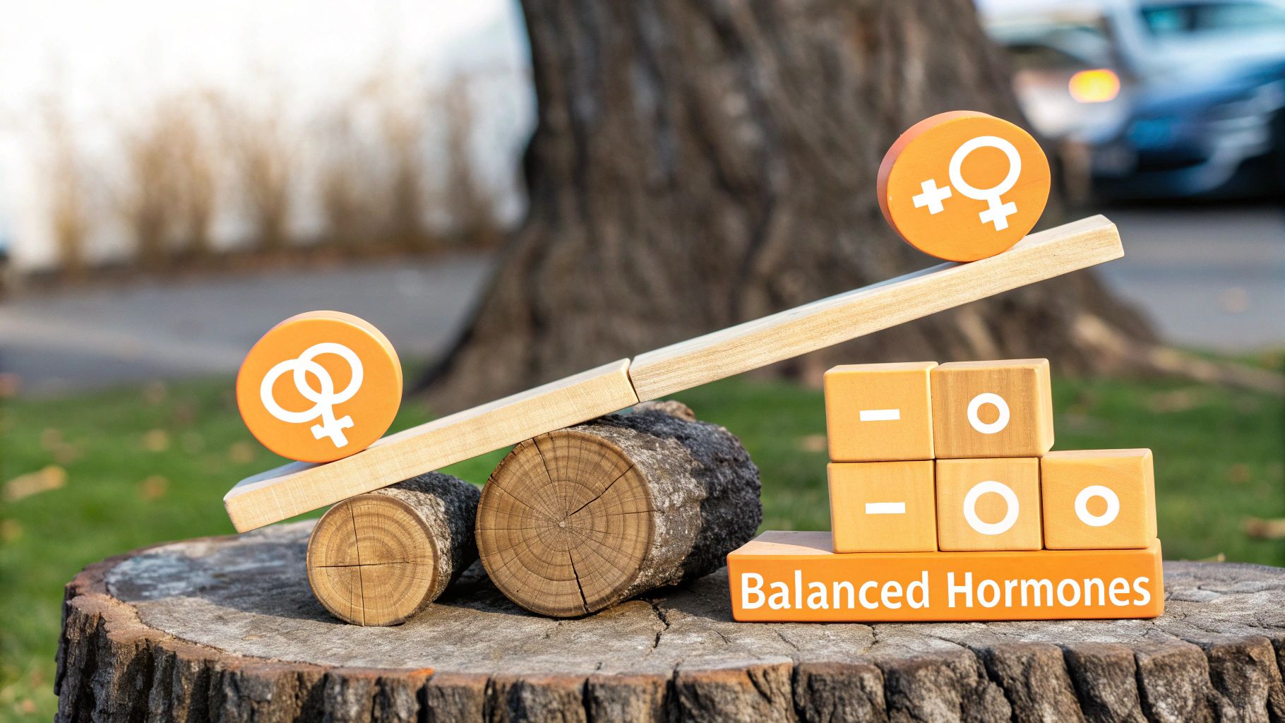 A serene woman finding balance amidst a chaotic background, symbolizing perimenopause relief.