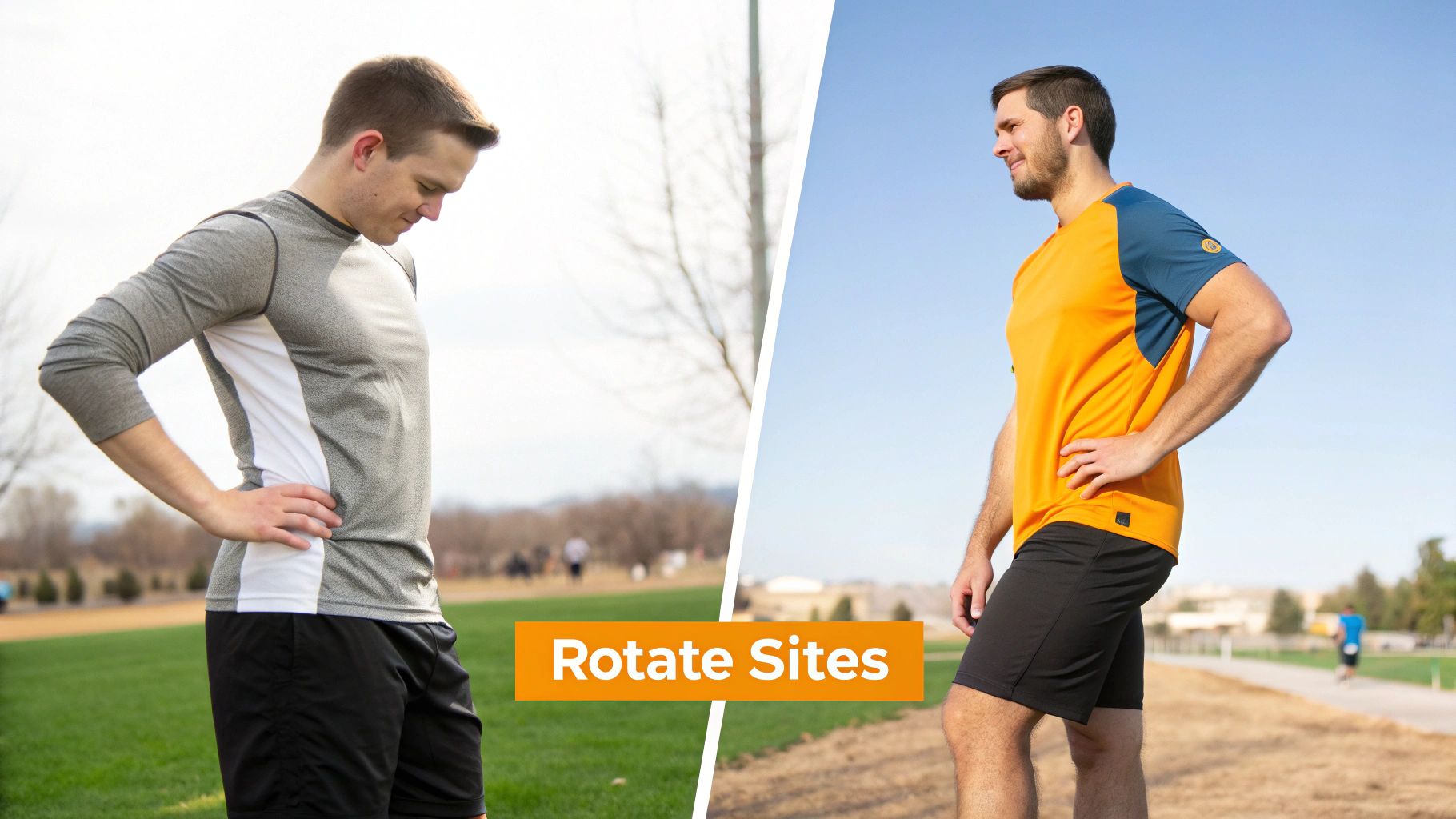 A person pointing to their outer thigh, indicating the vastus lateralis injection site