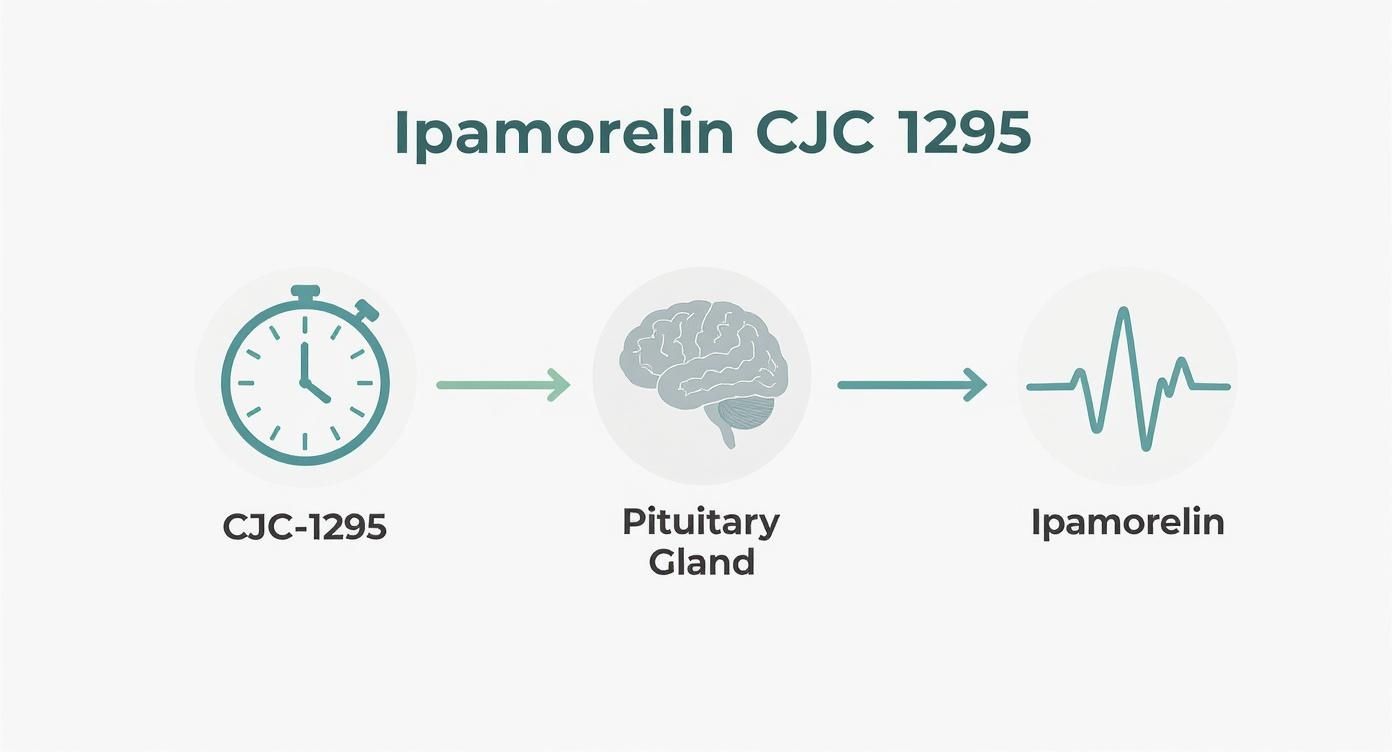 Diagram illustrating the pathway: CJC-1295 acts on the Pituitary Gland to stimulate Ipamerelin release.