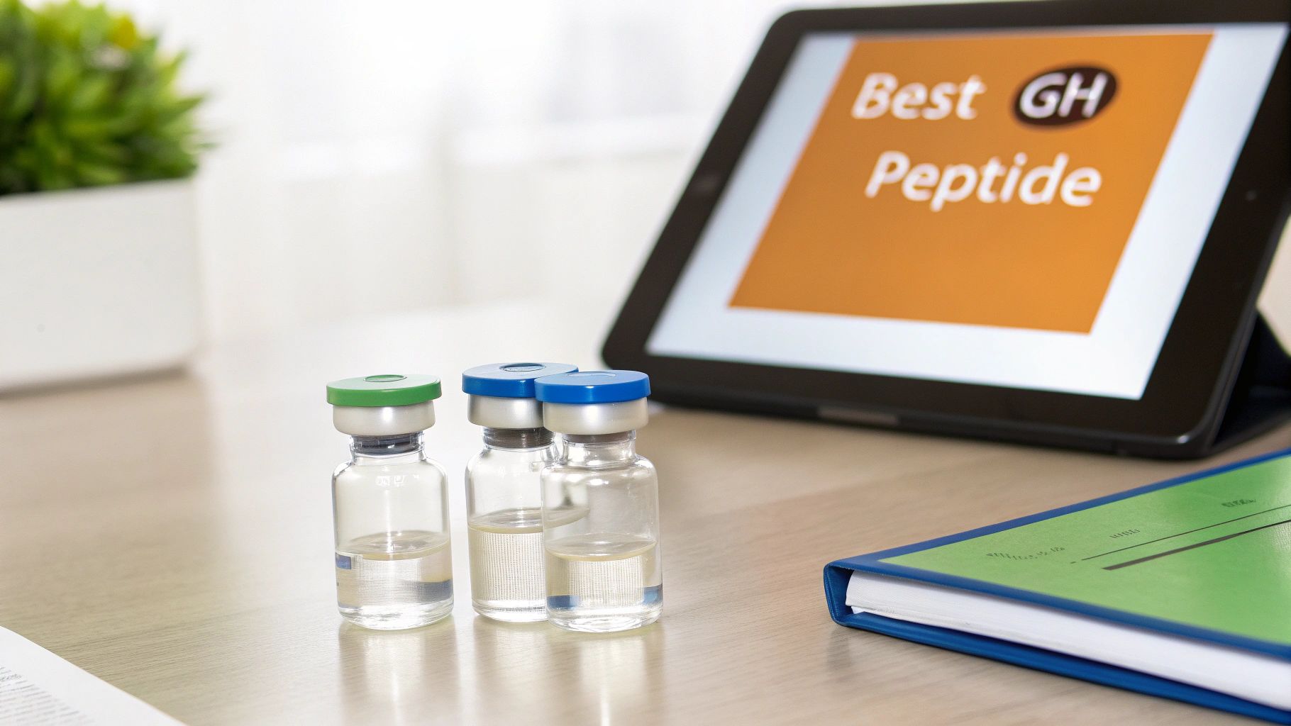 Three medical vials and a tablet displaying 'Best GH Peptide' on a light wooden desk.