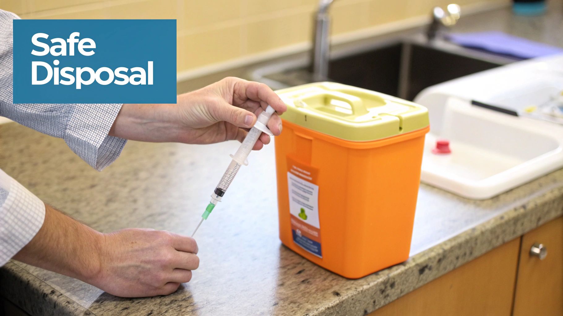 A person safely placing a used syringe into a red sharps container.