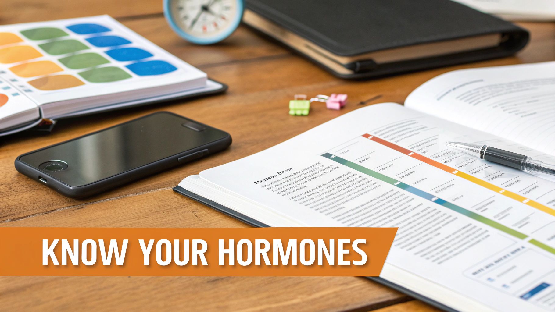 An open planner with a colorful chart and pen, a smartphone, and 'Know Your Hormones' text on a desk.