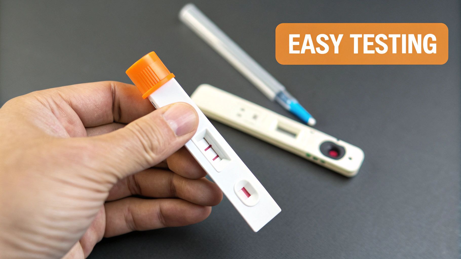 A close-up of a home testosterone test kit showing the collection tools.