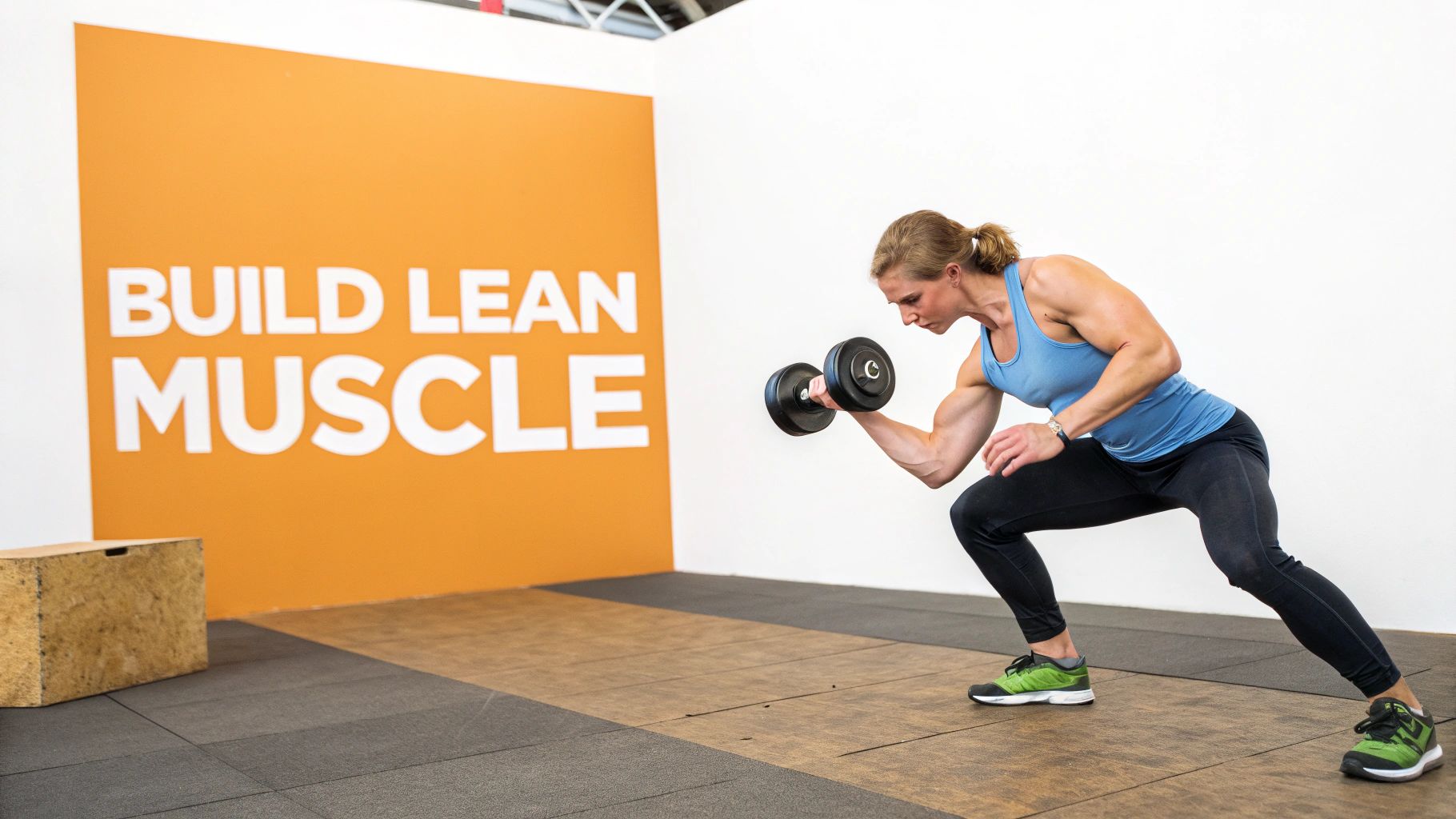 A woman lifting dumbbells in in a gym setting, focusing on strength training to tone her body.