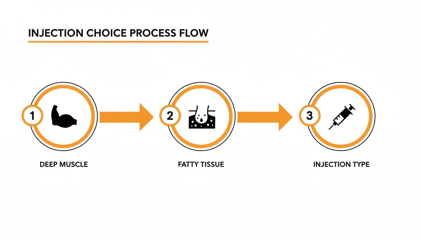 Flowchart illustrating the injection choice process, detailing deep muscle, fatty tissue, and injection type.