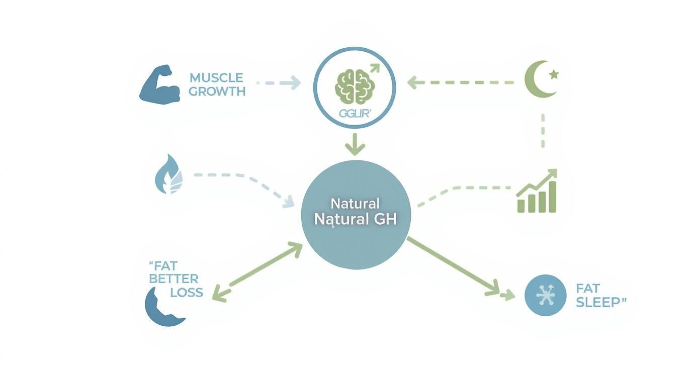 Diagram showing natural growth hormone benefits including muscle growth, fat loss, better sleep, and cognitive enhancement