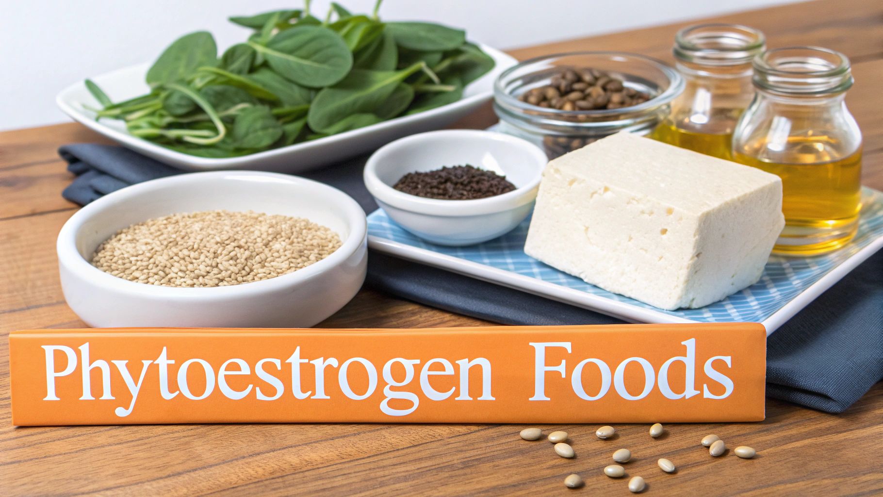 A variety of phytoestrogen foods including tofu, spinach, seeds, lentils, and oils on a wooden table.