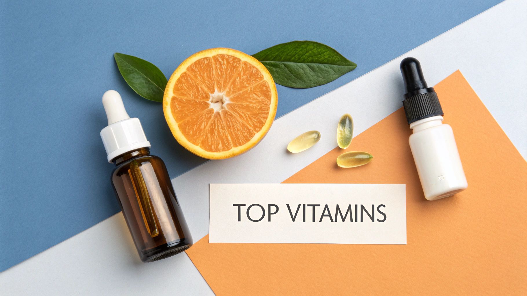 Overhead shot of vitamin dropper bottles, orange, leaves, and softgel capsules with 'TOP VITAMINS' text.