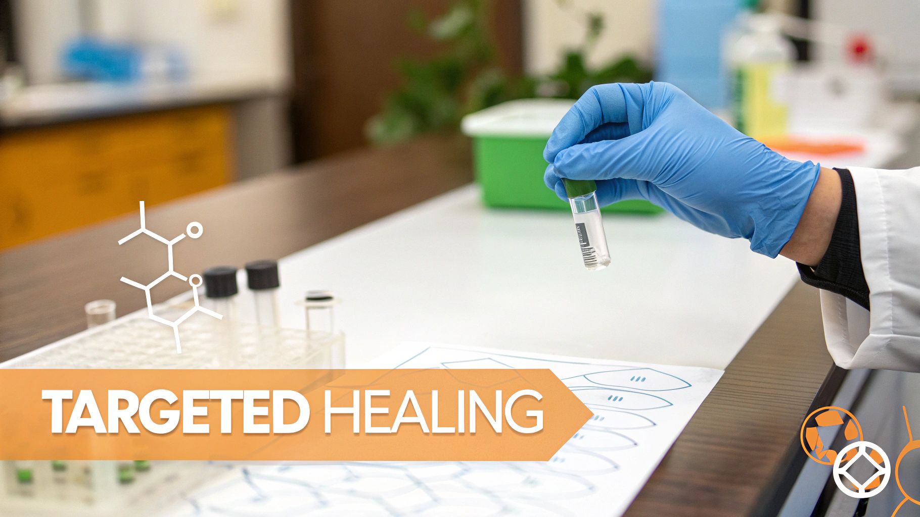A scientist in a lab coat and blue glove holds a clear vial, with chemical structure and 'TARGETED HEALING' overlay.