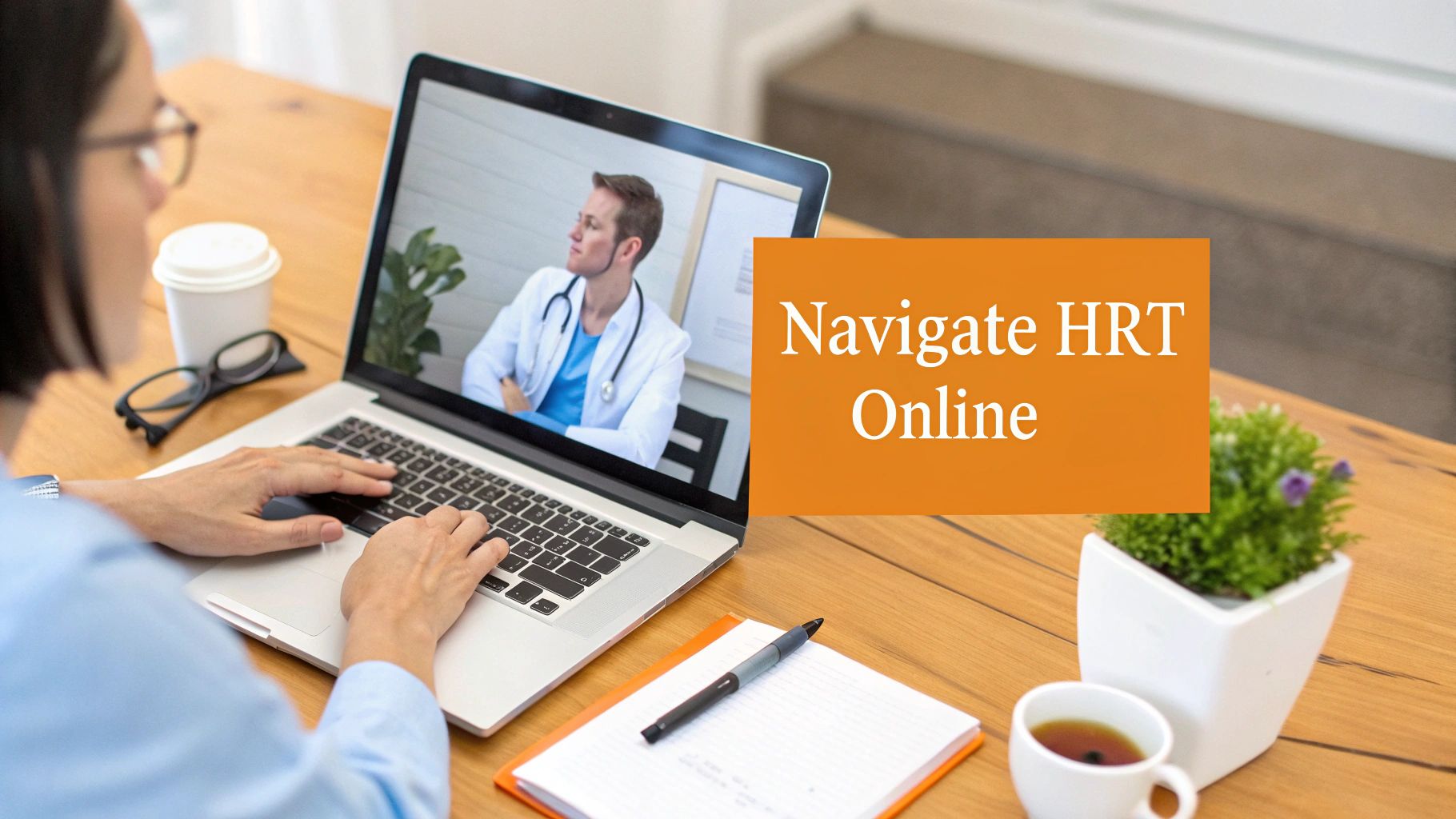 A person at home using a laptop to research hormone replacement therapy options online.