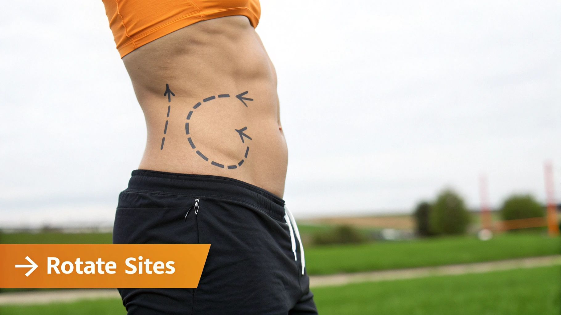 A diagram showing common subcutaneous injection sites, including the abdomen, thighs, and glutes.