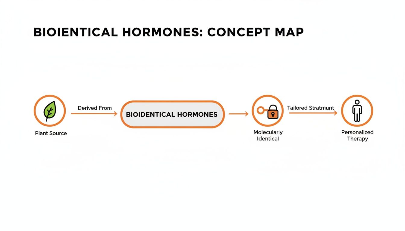A concept map illustrating that bioidentical hormones are plant-derived, molecularly identical, leading to personalized therapy.