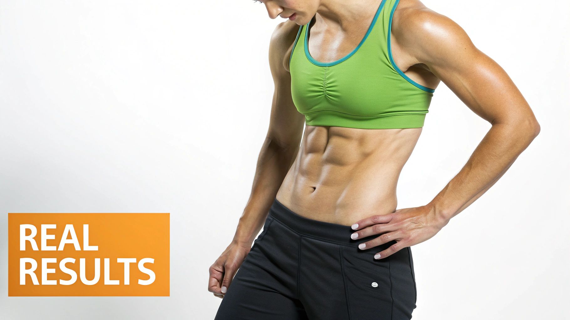 Fit woman displaying toned abs and muscular physique in green sports bra after fitness training