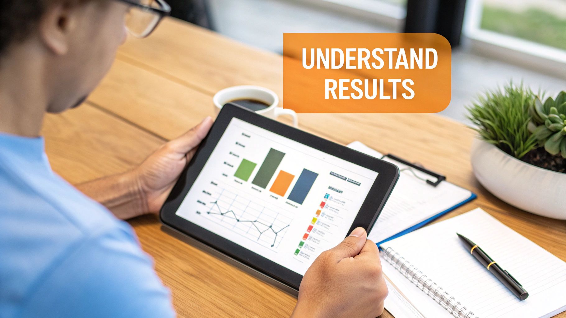Person studying charts and graphs on a tablet screen, with 'UNDERSTAND RESULTS' overlay, on a wooden desk.