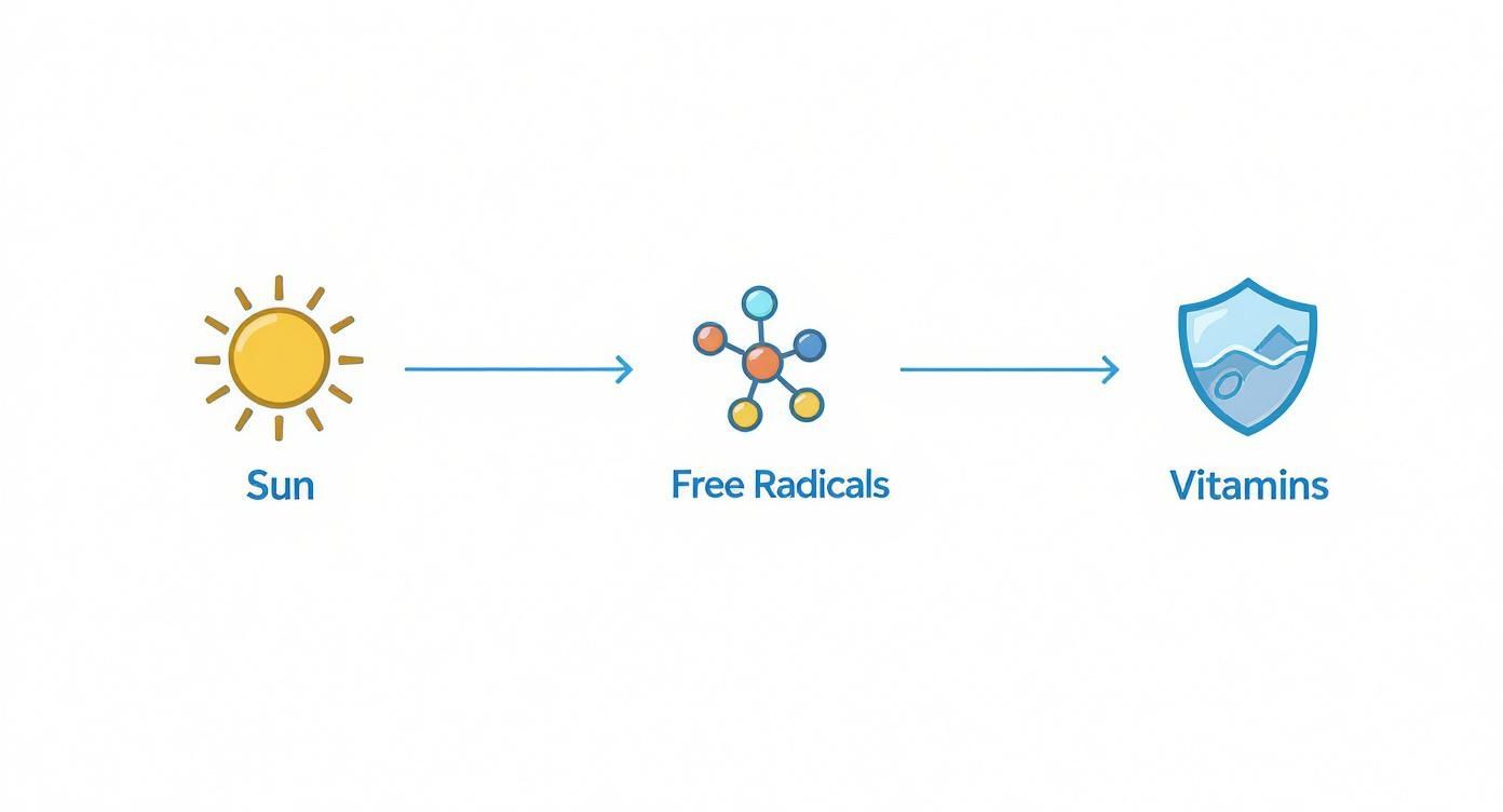 Diagram showing sun exposure creating free radicals, which vitamins help neutralize and protect against.