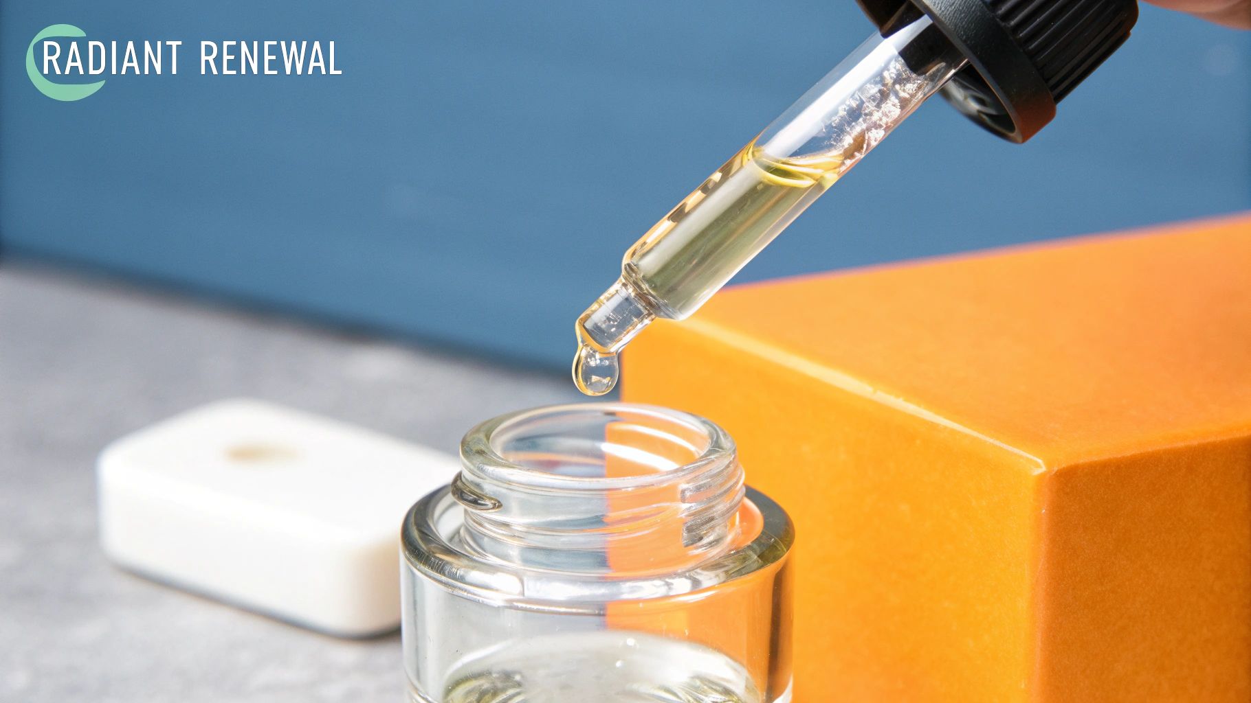 Bright citrus fruits and a bottle of Vitamin C serum