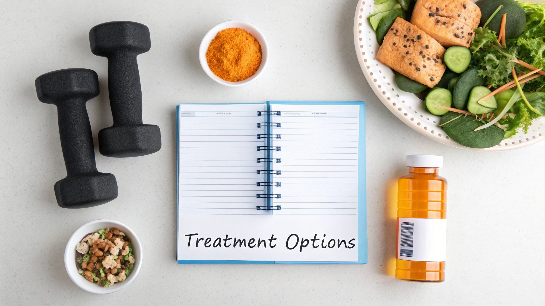 A flat lay displaying health and wellness items, including dumbbells, a fresh salad, supplements, and a notebook titled 'Treatment Options'.
