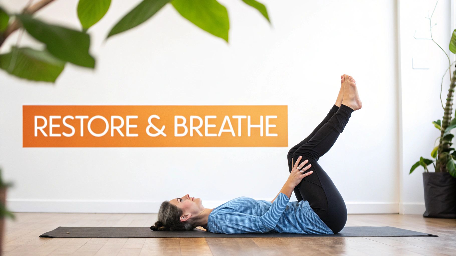 Woman looking at her fitness tracker while sitting on a yoga mat.