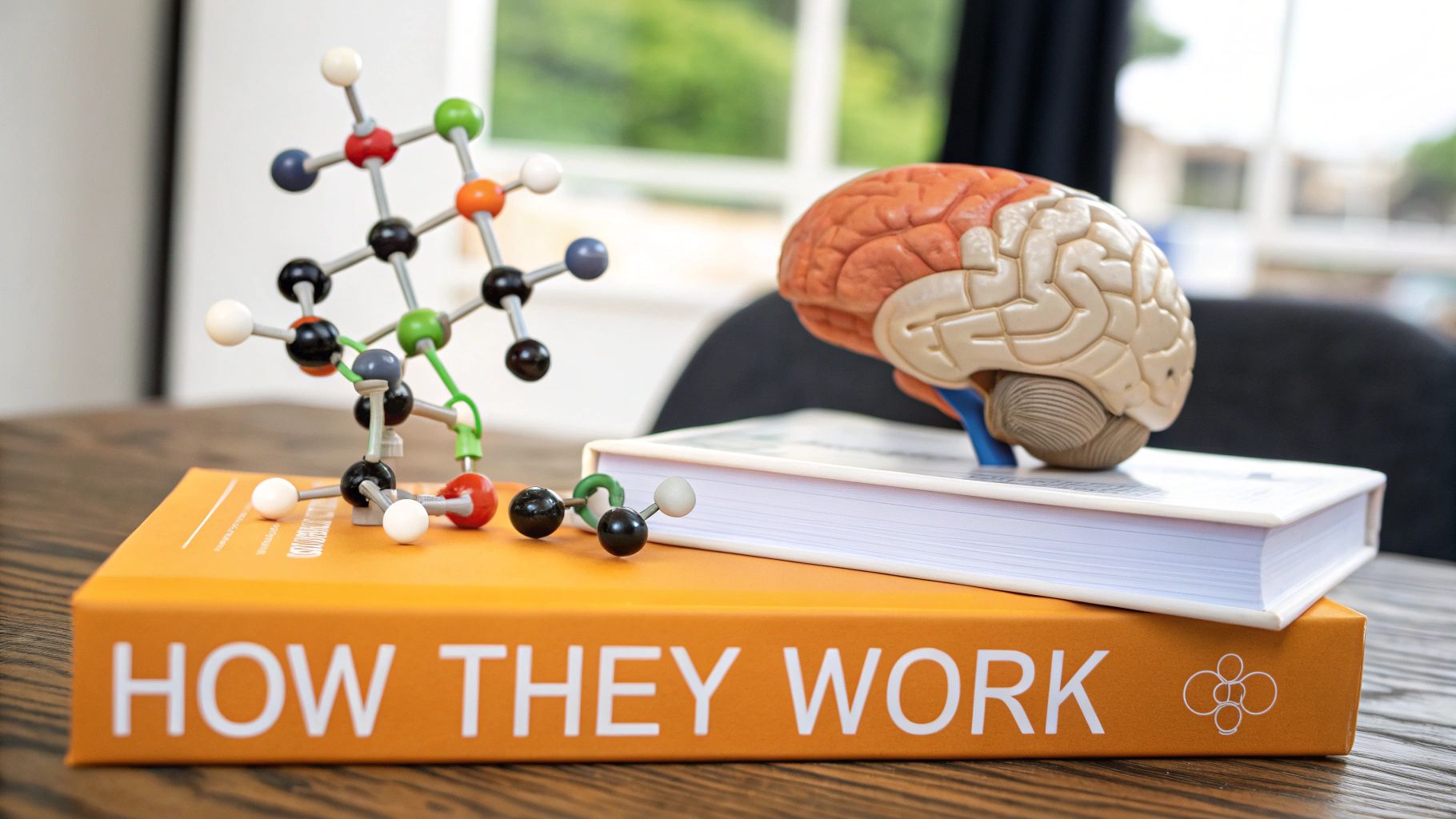 A molecular model and a human brain model rest on science books, symbolizing learning.