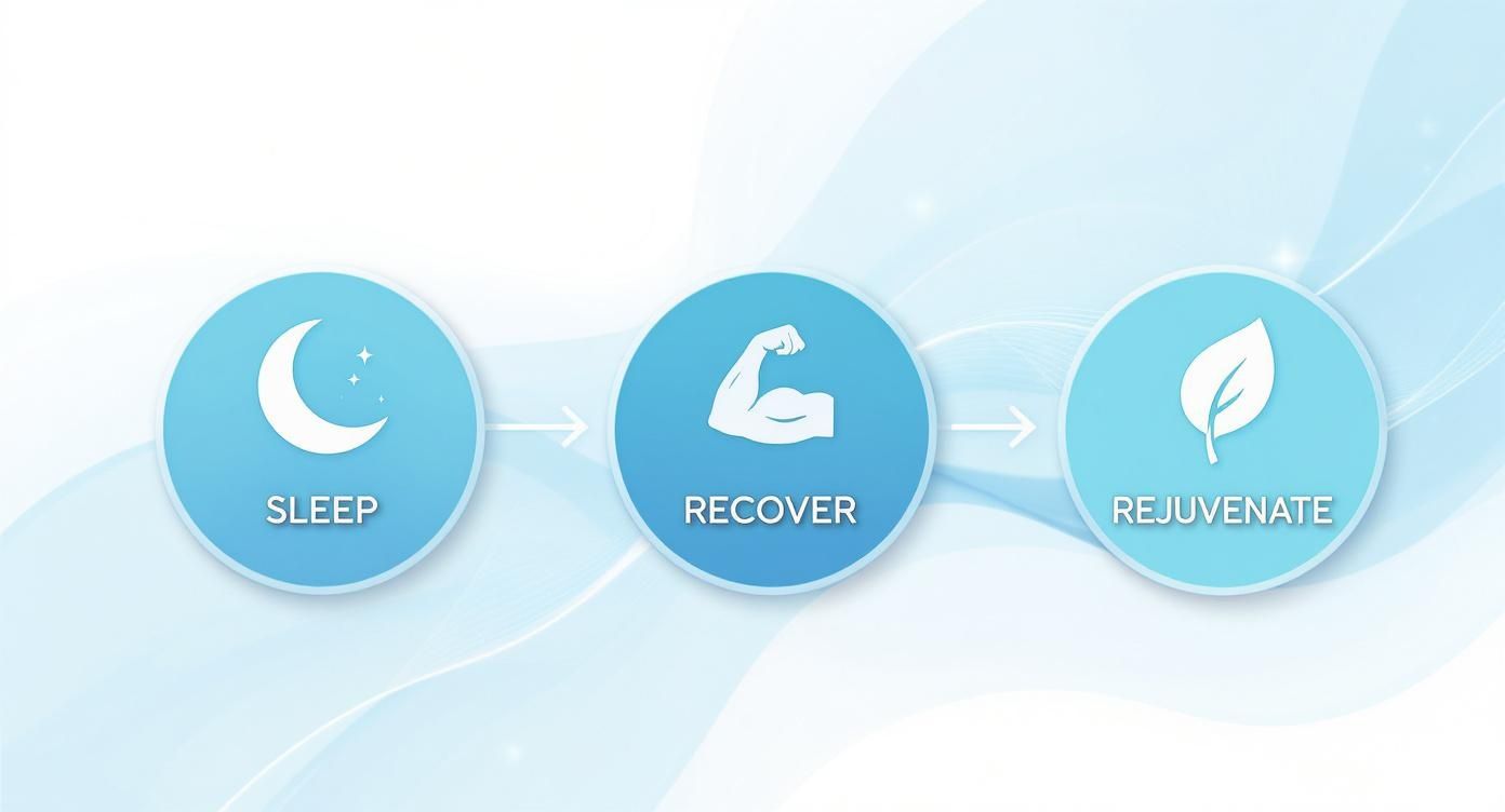 Three step wellness process showing sleep, recover, and rejuvenate icons in blue circular badges