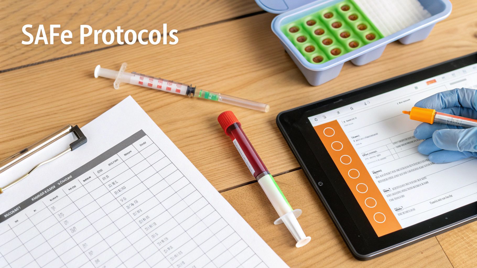 Healthcare professional following SAFe protocols with medical equipment, digital forms, and blood samples.