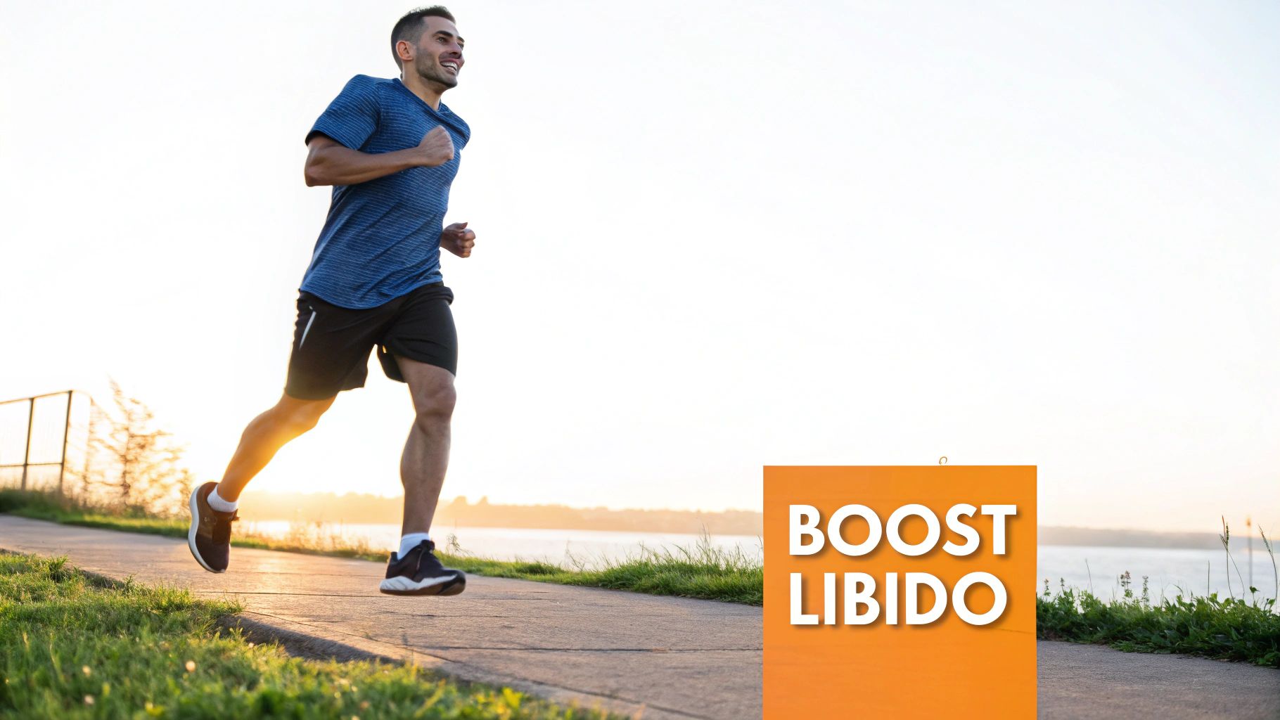 A smiling man jogs along a scenic path by the water at sunrise or sunset.