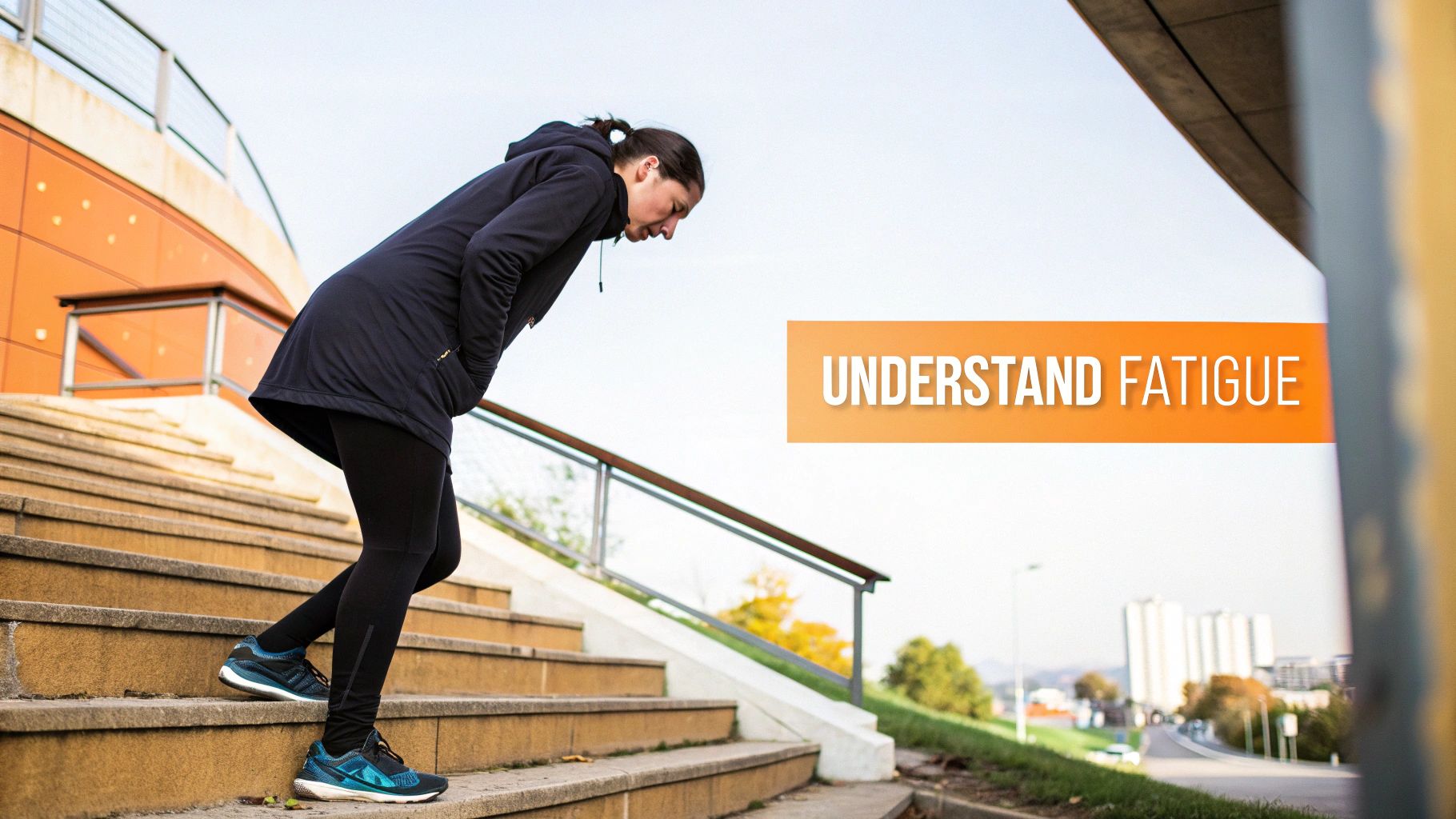 A person feeling tired while sitting on a workout bench