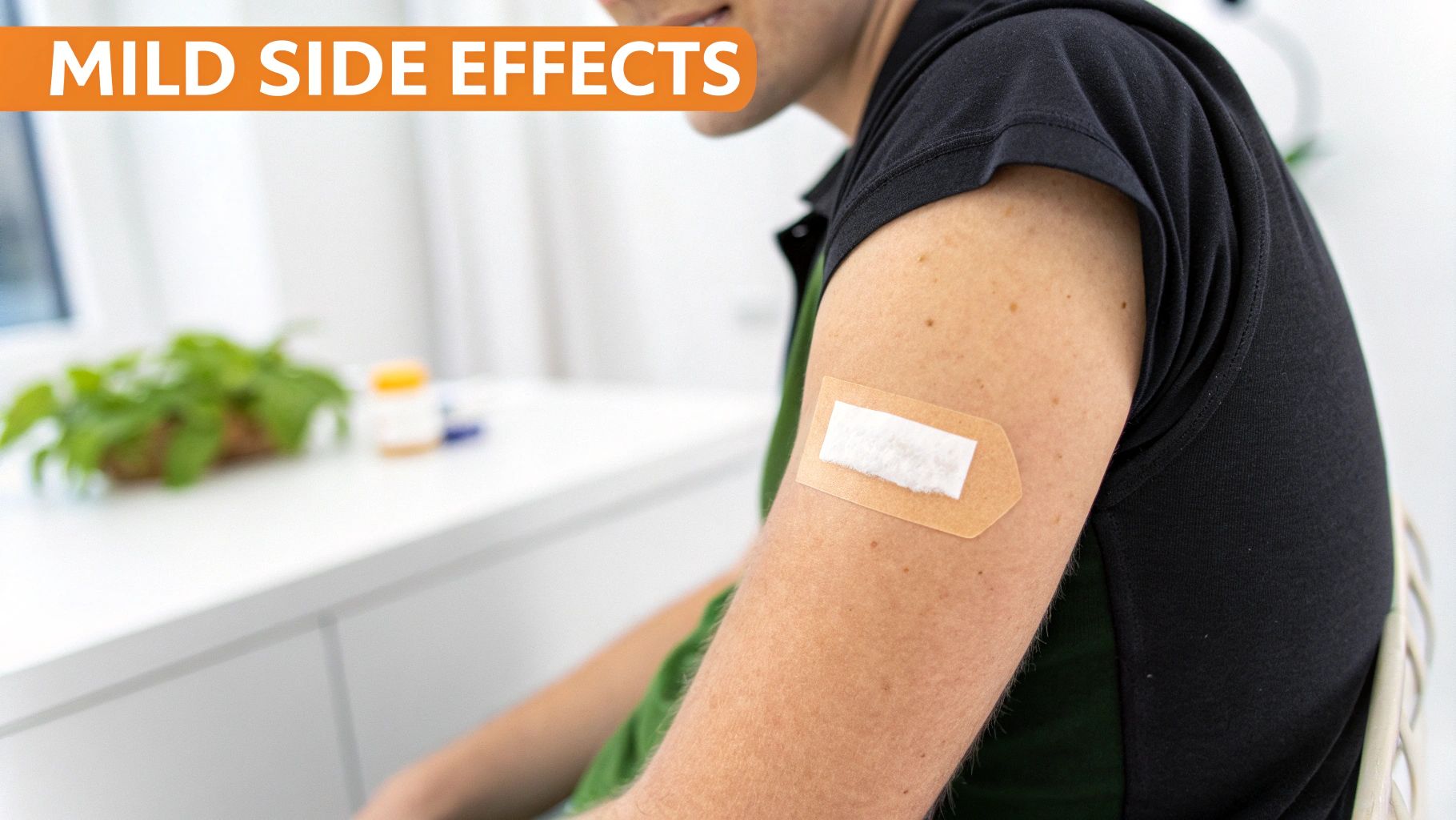 Close-up of a person's arm with a bandage after an injection, with text 'MILD SIDE EFFECTS'.