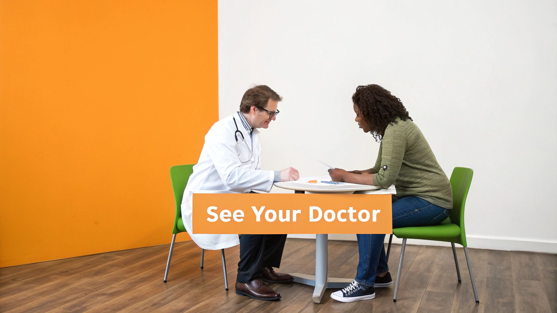 A male doctor and a female patient sit at a table discussing documents during a consultation.