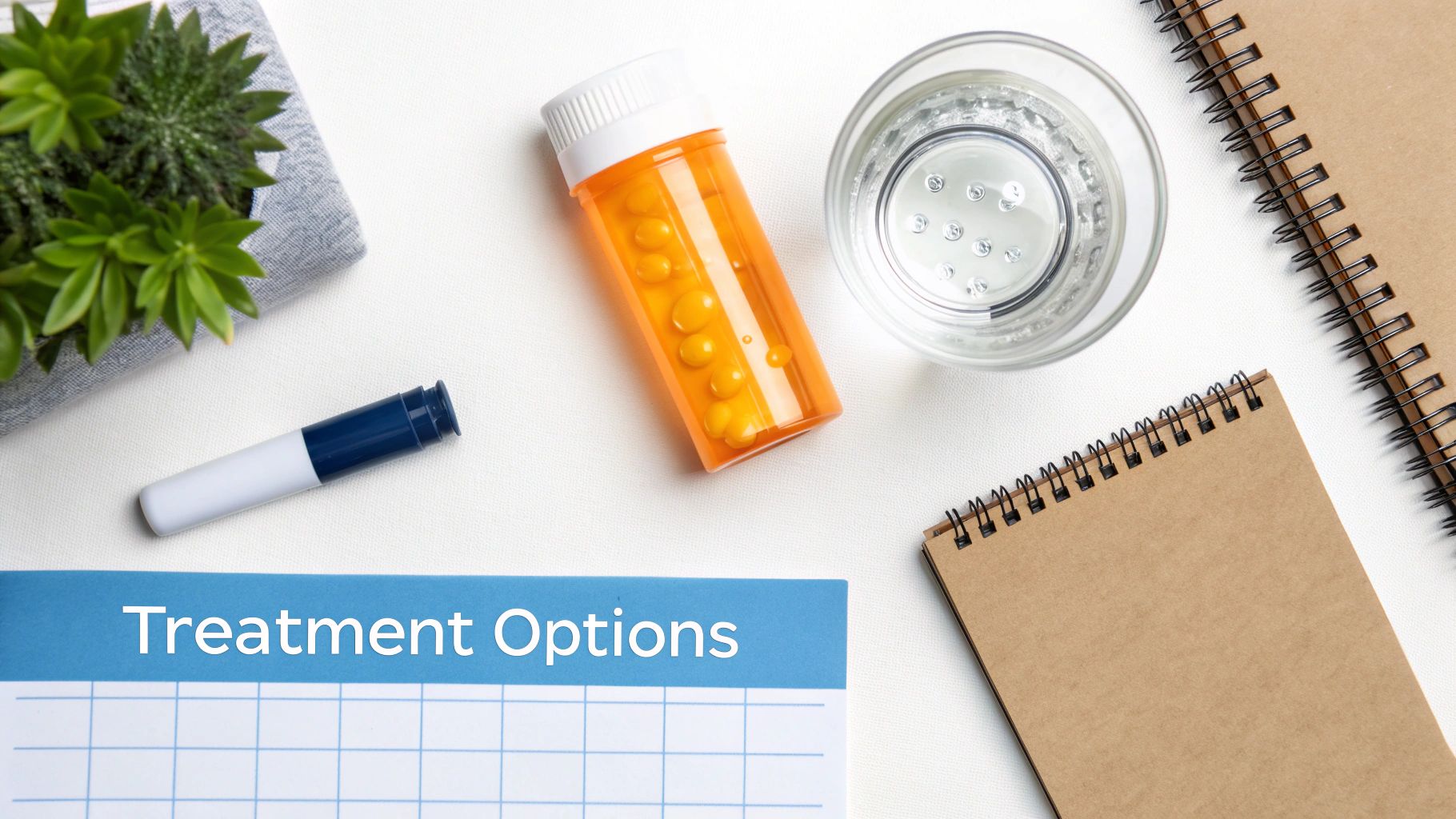 A flat lay of medical items including an orange pill bottle, glass of water, and 'Treatment Options' planner.