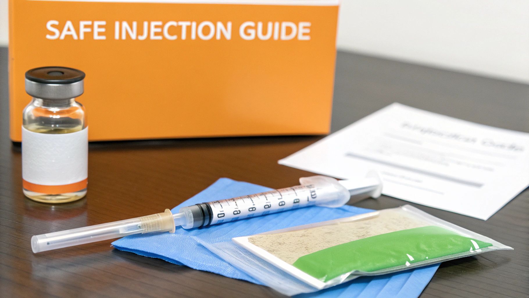 Safe injection guide with medical vial, syringe, alcohol prep pads and instruction materials